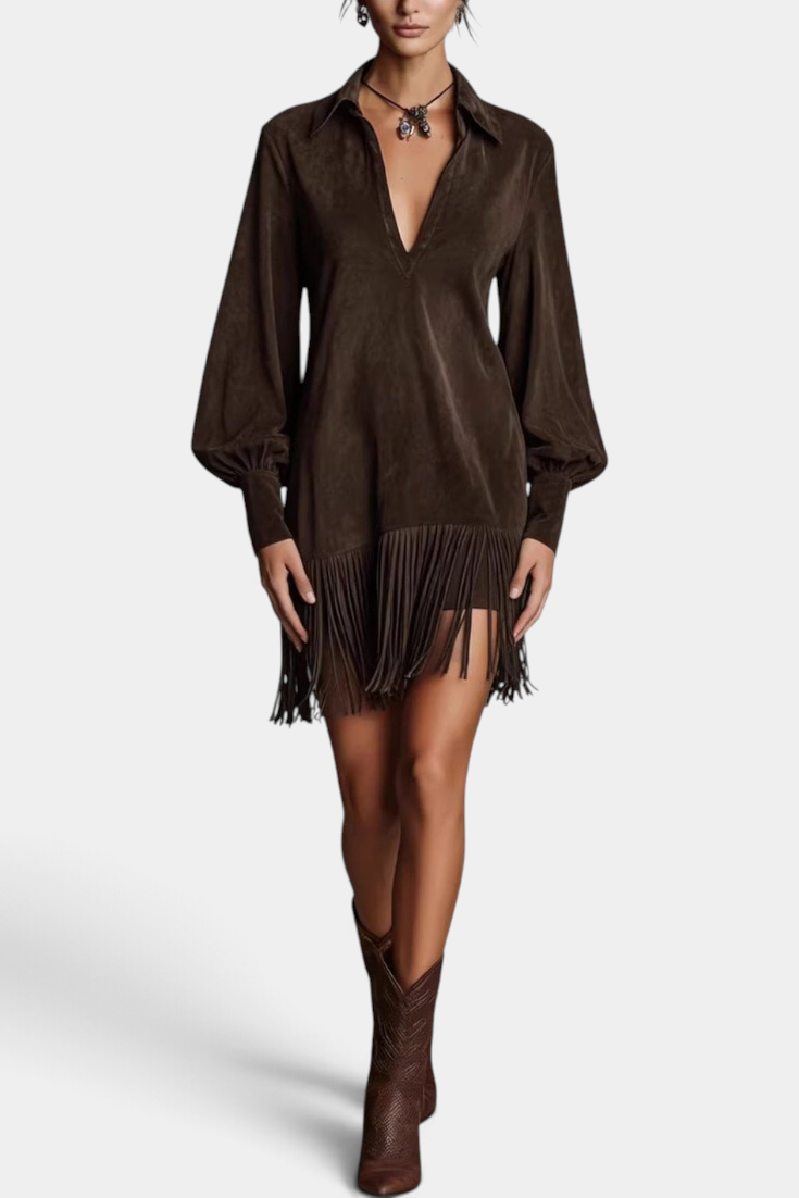 Mahaute Ralitsa short brown faux suede dress with a shirt collar, voluminous sleeves, and a long fringe hem.