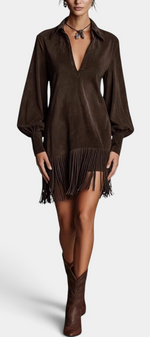 Mahaute Ralitsa short brown faux suede dress with a shirt collar, voluminous sleeves, and a long fringe hem.