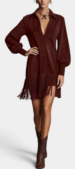 Mahaute Ralitsa short brown faux suede dress with a shirt collar, voluminous sleeves, and a long fringe hemline.