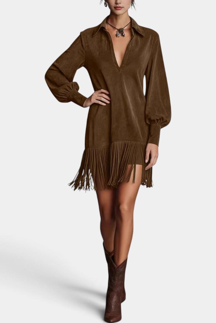 Mahaute Ralitsa brown faux suede short dress with a shirt collar, voluminous sleeves, and a fringe hemline.