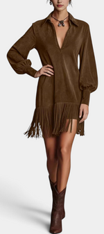 Mahaute Ralitsa brown faux suede short dress with a shirt collar, voluminous sleeves, and a fringe hemline.