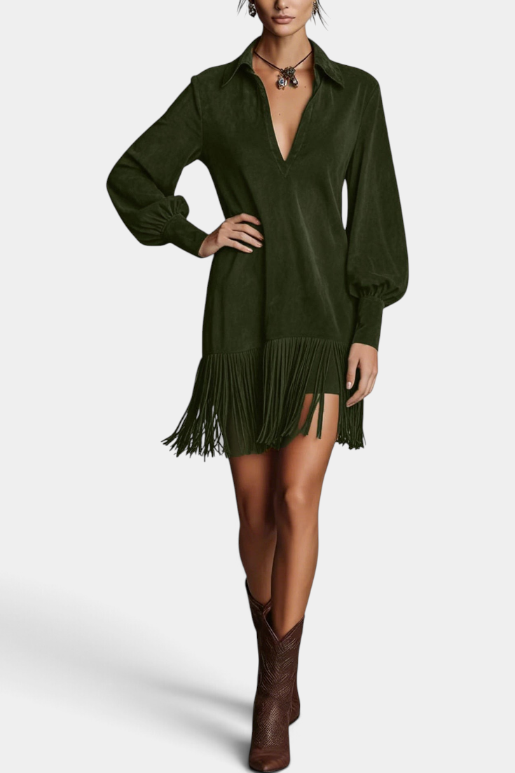 Mahaute Ralitsa short dark green faux suede dress with a shirt collar, voluminous sleeves, and a fringed hem.