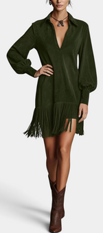 Mahaute Ralitsa short dark green faux suede dress with a shirt collar, voluminous sleeves, and a fringed hem.