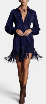 Mahaute Ralitsa navy blue faux suede short dress with a shirt collar, voluminous sleeves, and a fringed hem.