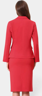 Ensemble tailleur Mahaute avec blazer cintré rouge et jupe crayon mi-longue, parfait pour un style professionnel élégant.