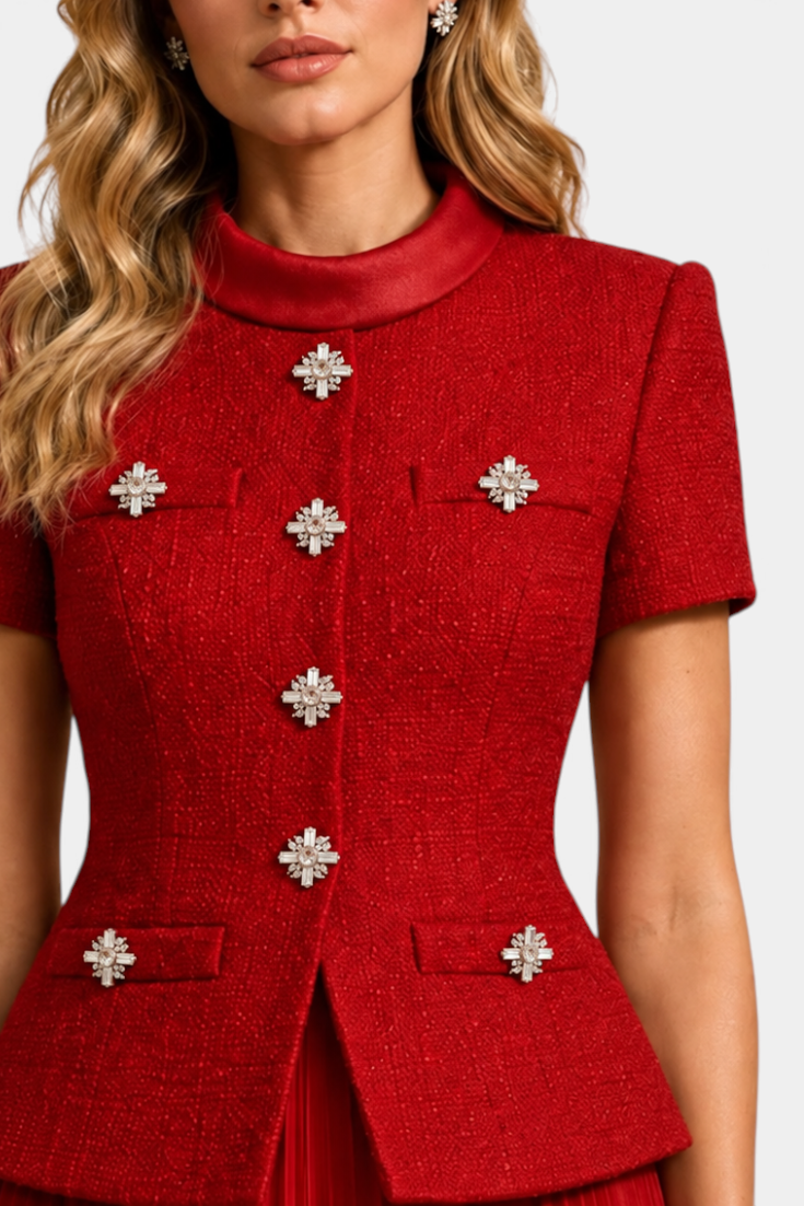 Mahaute red structured short-sleeve jacket with crystal jewel buttons and a pleated skirt for an elegant look