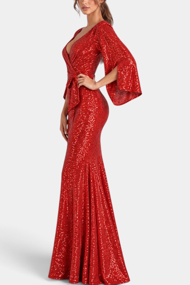 Mahaute red sequin evening gown with a wrap V-neck, flared sleeves, and a belted waist on a model, side view.
