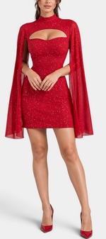 Mahaute Bea short red sparkly cocktail dress with high neck, chest cutout, and sheer cape sleeves on a model
