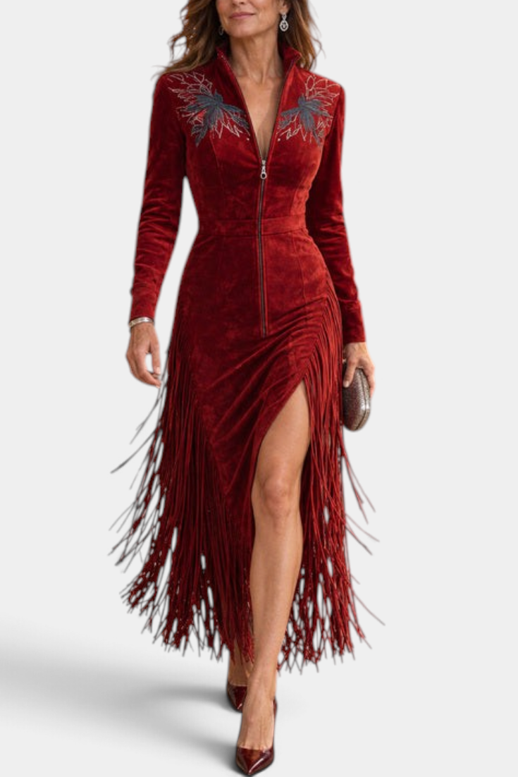 Mahaute midi dress in deep red velvet with intricate bust embroidery, long fringe skirt, and front zip closure.