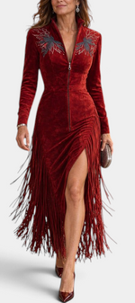 Mahaute midi dress in deep red velvet with intricate bust embroidery, long fringe skirt, and front zip closure.