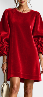 Mahaute red velvet short dress with voluminous puff sleeves and 3D floral details on the cuffs.