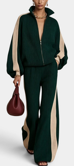 Mahaute ribbed knit zip-up jacket and wide-leg trousers set in dark green with cream contrast side stripes