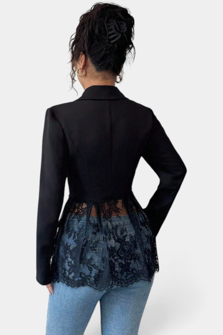 Mahaute Rivellea black tailored blazer with floral lace back panel and fitted silhouette, back view.