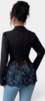 Mahaute Rivellea black tailored blazer with floral lace back panel and fitted silhouette, back view.