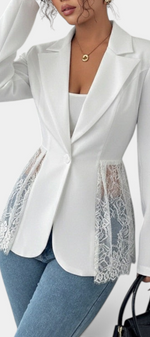 Mahaute Rivellea white tailored blazer with floral lace side panels and single button closure.
