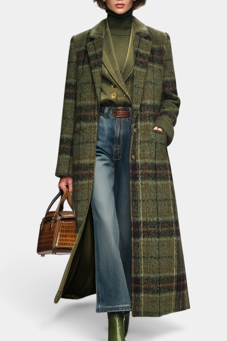 Mahaute Rosamund long structured wool coat in olive green plaid with tailored collar and side pockets