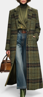 Mahaute Rosamund long structured wool coat in olive green plaid with tailored collar and side pockets