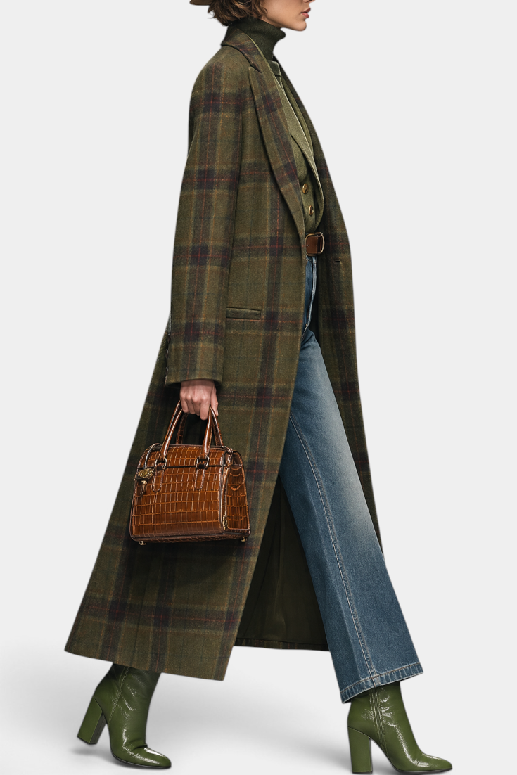Mahaute Rosamund long plaid coat with tailored collar worn by a model with a hat, jeans, and green boots