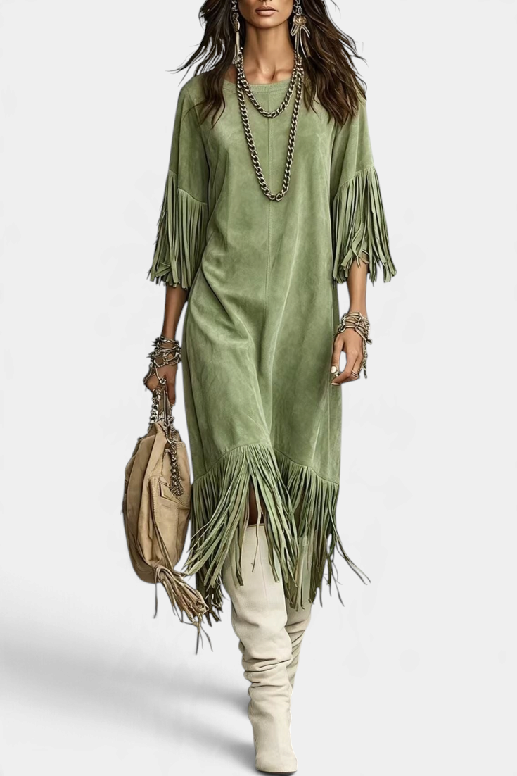 Mahaute Rozenn midi dress in olive green faux suede with three-quarter fringe sleeves and a fringed hemline.