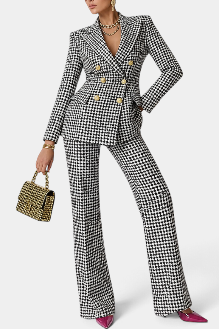 Mahaute Rumyana houndstooth blazer and flared trouser suit set with gold buttons and structured shoulders