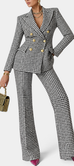 Mahaute Rumyana houndstooth blazer and flared trouser suit set with gold buttons and structured shoulders