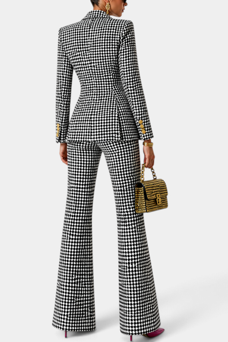 Mahaute Rumyana houndstooth tailored suit with double-breasted blazer and flared trousers, back view
