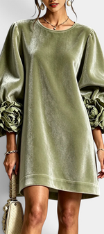 Mahaute short sage green velvet dress with voluminous puff sleeves and 3D floral cuffs.