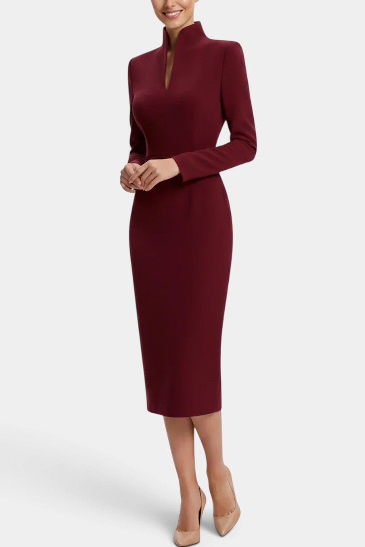 Mahaute Sandy burgundy midi dress with a high slit collar, long sleeves, and a fitted silhouette on a model.