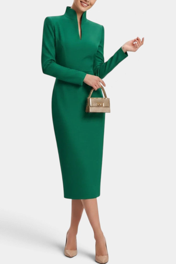 Mahaute Sandy emerald green midi dress with a high split collar, long sleeves, and a fitted silhouette.