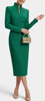Mahaute Sandy emerald green midi dress with a high split collar, long sleeves, and a fitted silhouette.