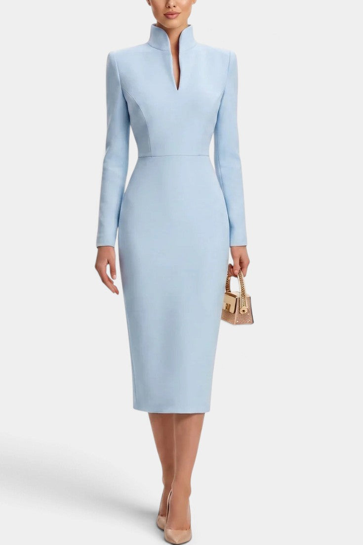 Mahaute Sandy light blue midi dress with long sleeves, fitted waist, and a modern split mock neck collar.