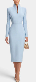 Mahaute Sandy light blue midi dress with long sleeves, fitted waist, and a modern split mock neck collar.