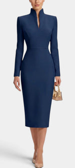Mahaute Sandy navy blue midi dress with a high split collar, long sleeves, and a fitted silhouette.