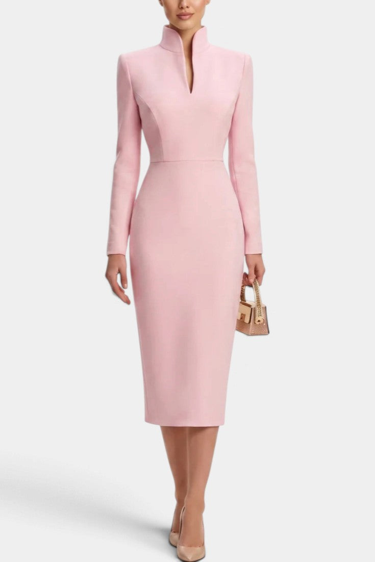 Mahaute Sandy light pink midi dress with a high split collar, long sleeves, and a fitted silhouette.
