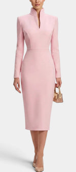 Mahaute Sandy light pink midi dress with a high split collar, long sleeves, and a fitted silhouette.