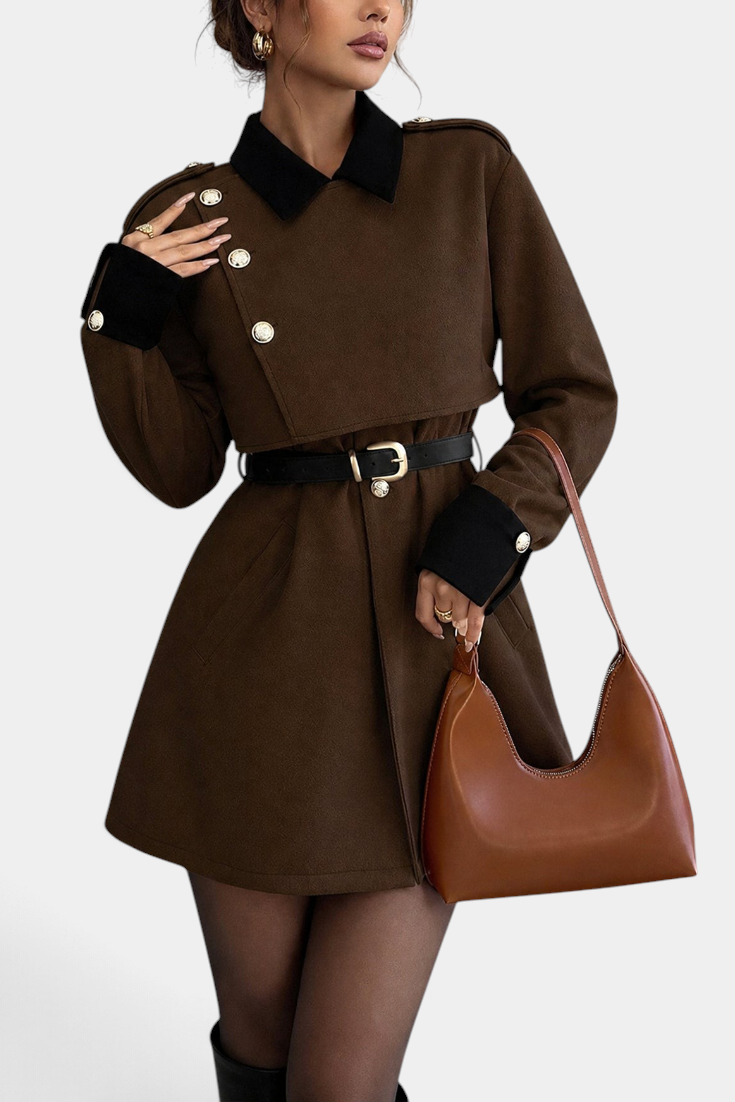 Mahaute short brown coat with black contrast collar, cuffs, belted waist, and gold button details.