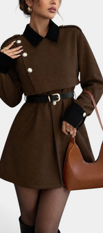 Mahaute short brown coat with black contrast collar, cuffs, belted waist, and gold button details.