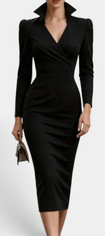 Mahaute Siyana black midi dress with a structured stand-up collar, wrap neckline, and fitted waist for a formal look.