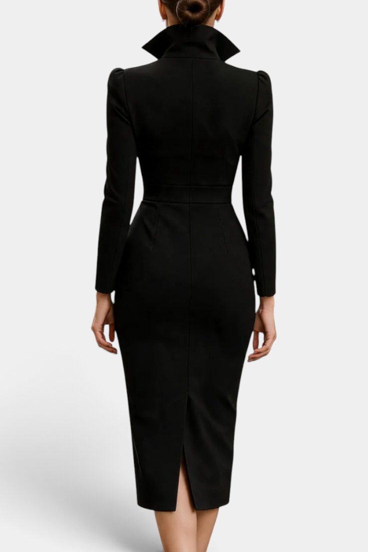 Back view of Mahaute Siyana black midi dress with structured high collar, cinched waist, and back slit.