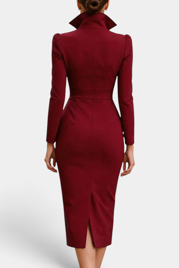Back view of Mahaute Siyana midi dress in deep burgundy with a structured high collar and fitted waist