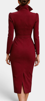 Back view of Mahaute Siyana midi dress in deep burgundy with a structured high collar and fitted waist