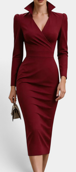 Mahaute Siyana burgundy midi wrap dress with a structured high collar, long sleeves, and a fitted waist.