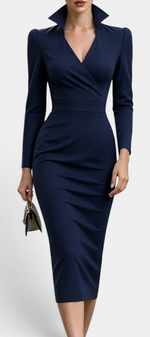 Mahaute Siyana navy blue midi dress with a wrap neckline, structured stand-up collar, and fitted waist.