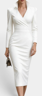 Mahaute Siyana white midi dress with a structured stand-up collar, wrap neckline, and fitted waist for a formal look.