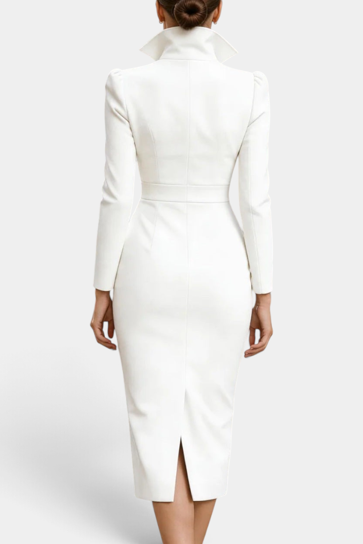 Back view of Mahaute Siyana white midi dress with a structured high collar, cinched waist, and back slit