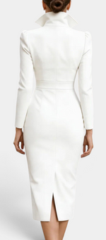 Back view of Mahaute Siyana white midi dress with a structured high collar, cinched waist, and back slit