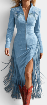 Mahaute Solmara light blue velvet midi dress with fringe trim, front zipper, and floral embroidery on the chest