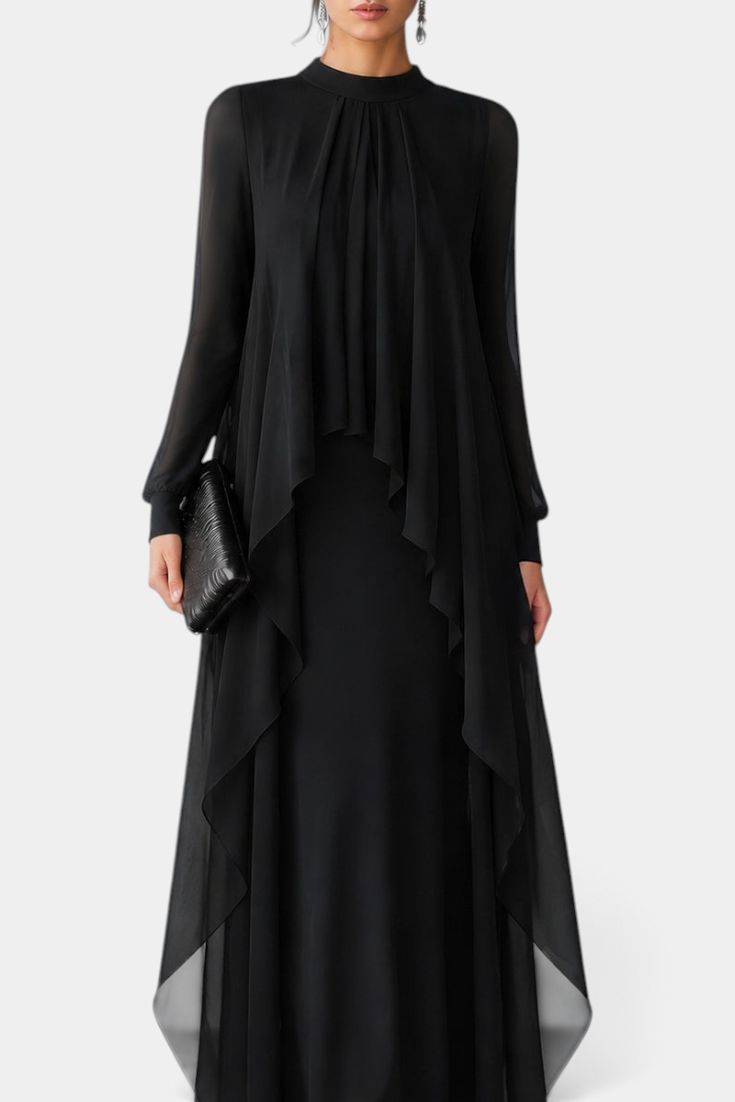 Mahaute Sophronie black long dress with high neckline, sheer sleeves, and elegant asymmetrical draped panels.