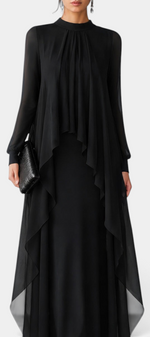 Mahaute Sophronie black long dress with high neckline, sheer sleeves, and elegant asymmetrical draped panels.
