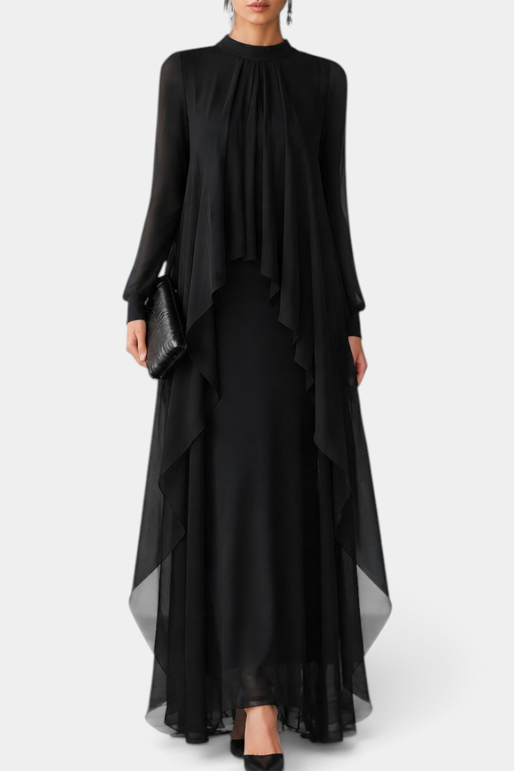 Mahaute Sophronie long black evening gown with sheer sleeves, high neckline, and elegant asymmetrical draped panels.